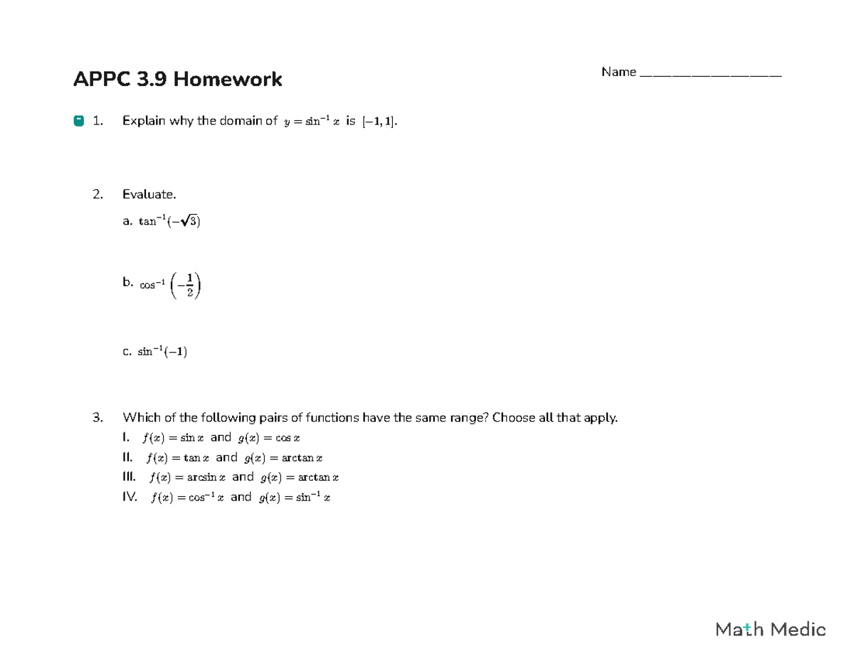 APPC 3.9 Homework 1: Functions, Domains, and Ranges Explained - Studocu