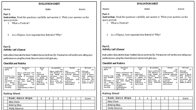 EVALUATION SHEET: Festival Dance Performance Rubrics - Studocu