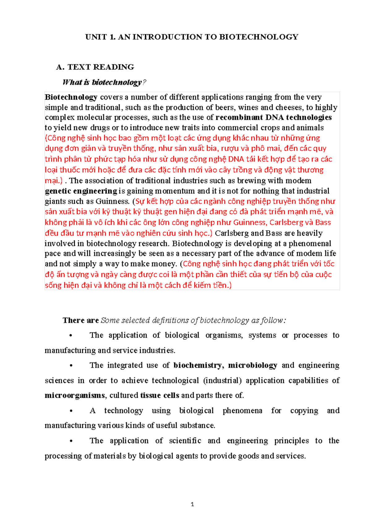Unit 1: Introduction to Biotechnology - TLU Course Notes - Studocu