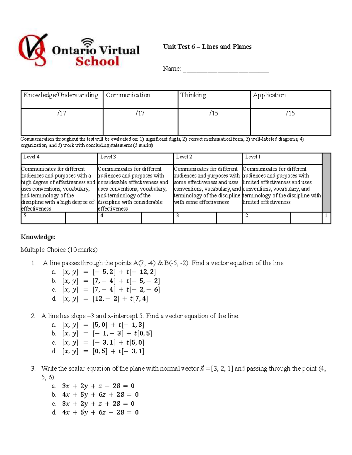 Unit Test 6: Communication Thinking Application - Math Concepts ...