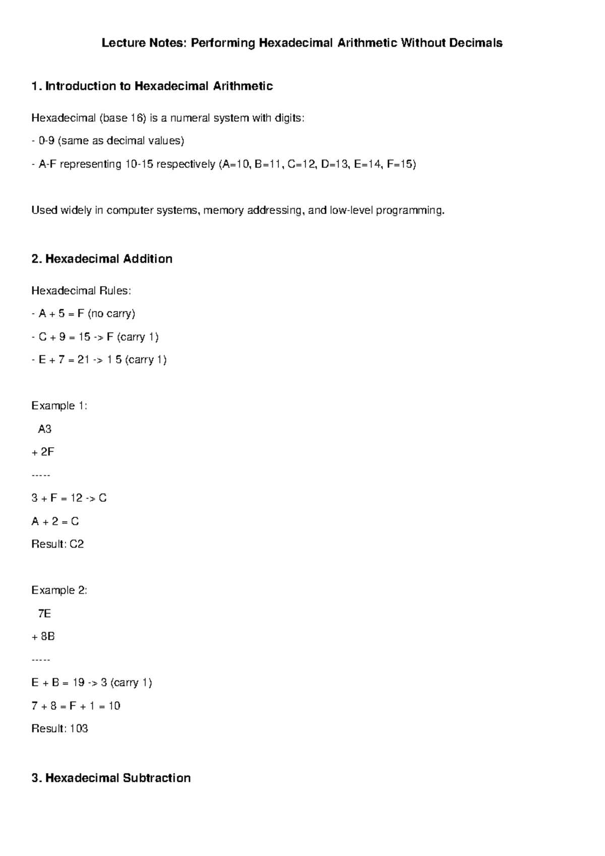 Lecture Notes: Hexadecimal Arithmetic Basics and Operations - Studocu