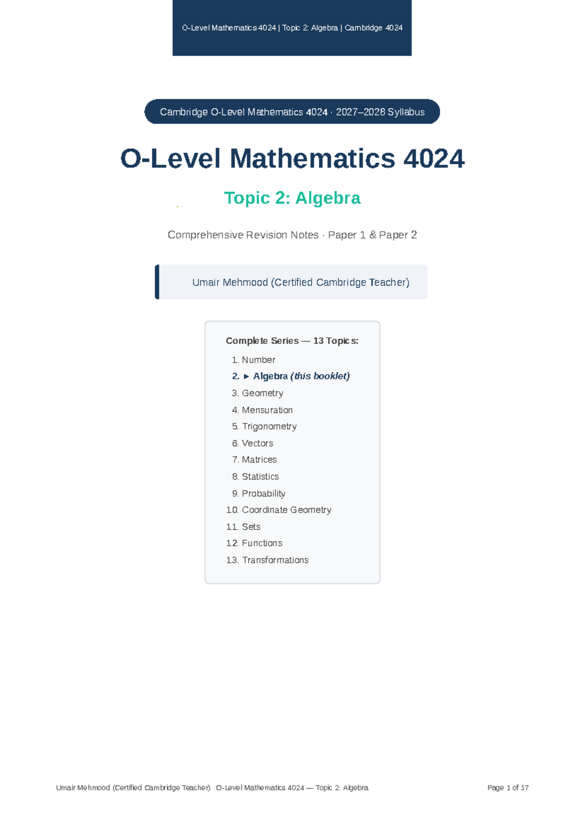 Mathematics 4024 Topic 2: Algebra Comprehensive Revision Notes - Studocu