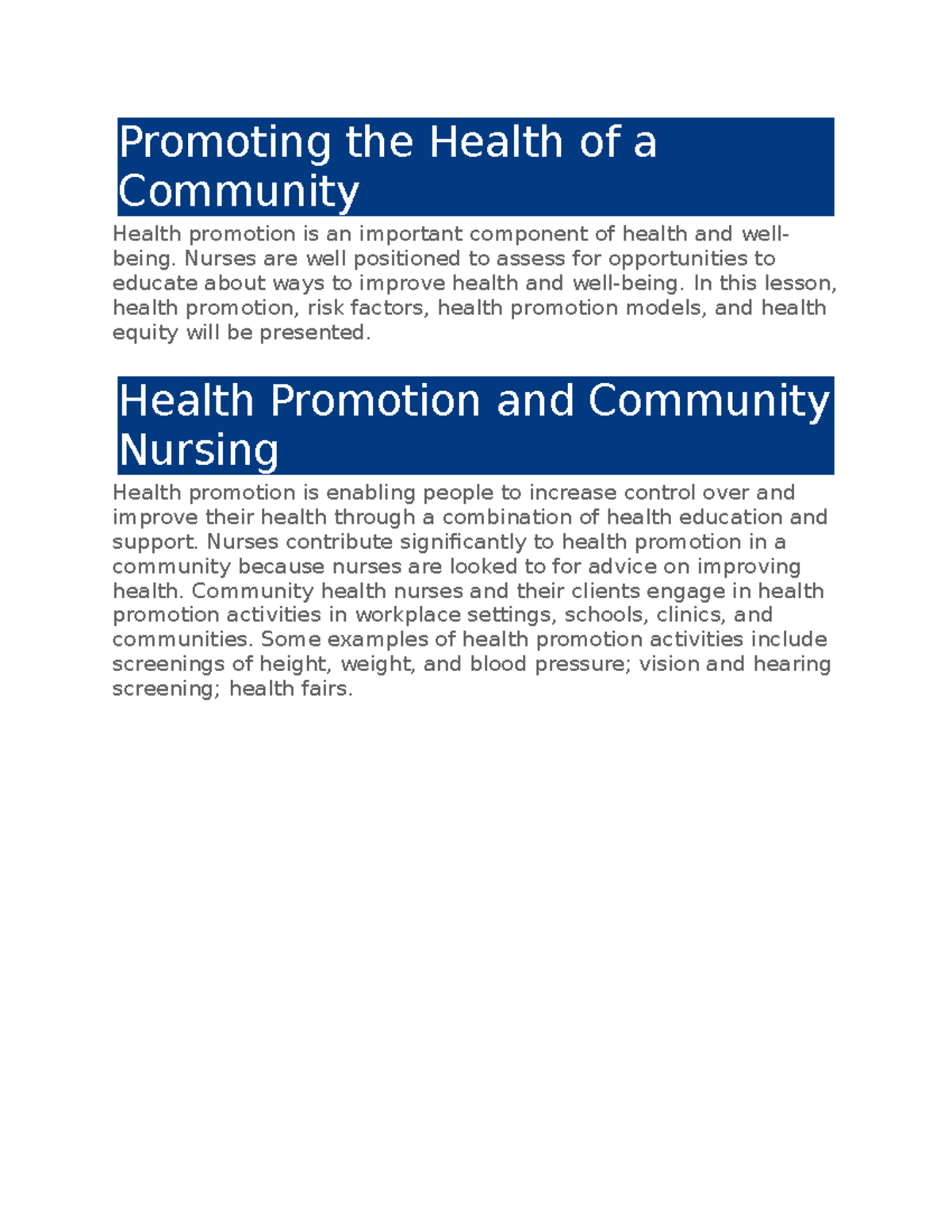 Week 3: Health Policies and Community Health Promotion - Studocu