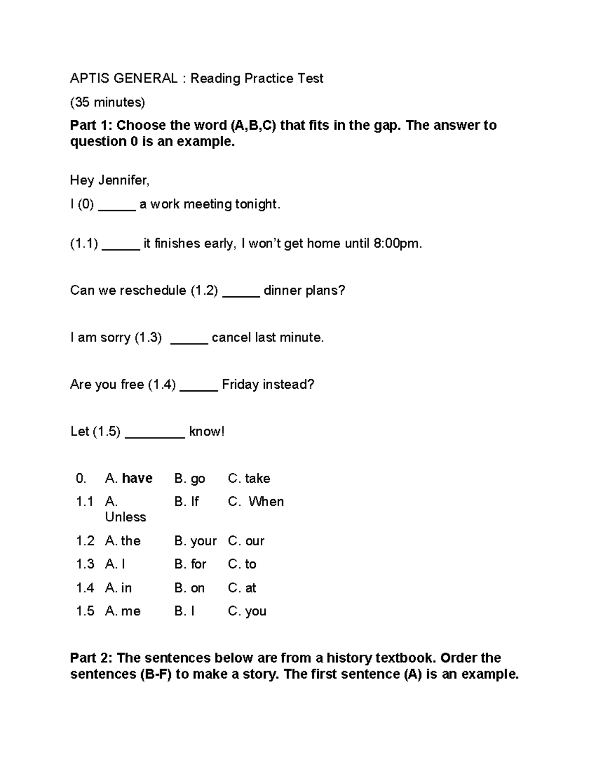 APTIS GENERAL: Reading & Writing Practice Test Guide - Studocu