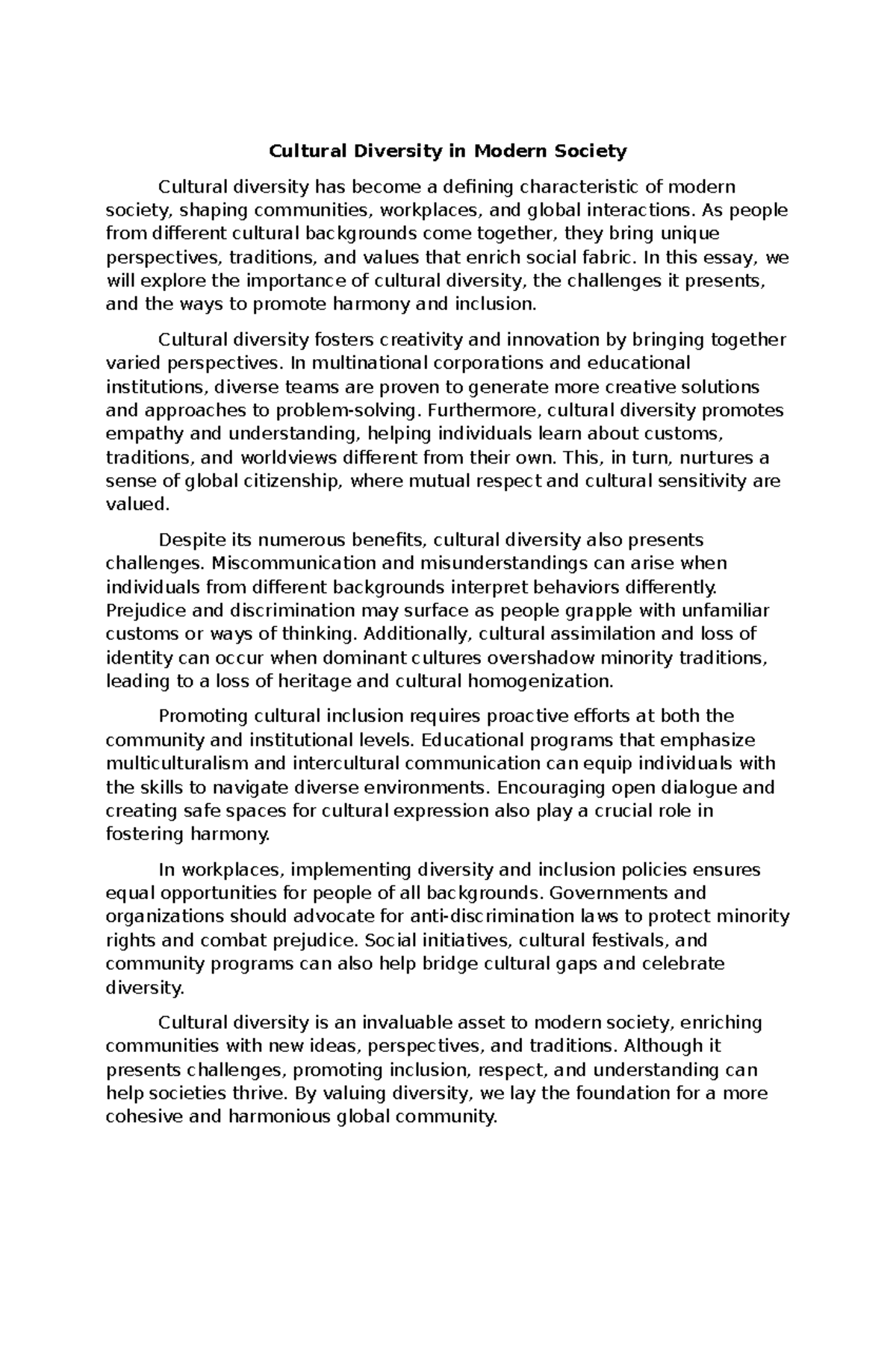 Cultural Diversity in Modern Society: Importance and Challenges - Studocu