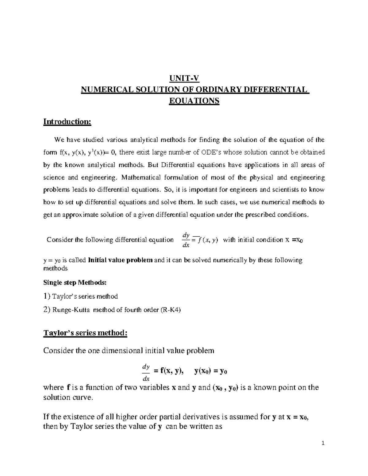 Numerical methods -(1)Unit V - UNIT-V NUMERICAL SOLUTION OF ORDINARY ...