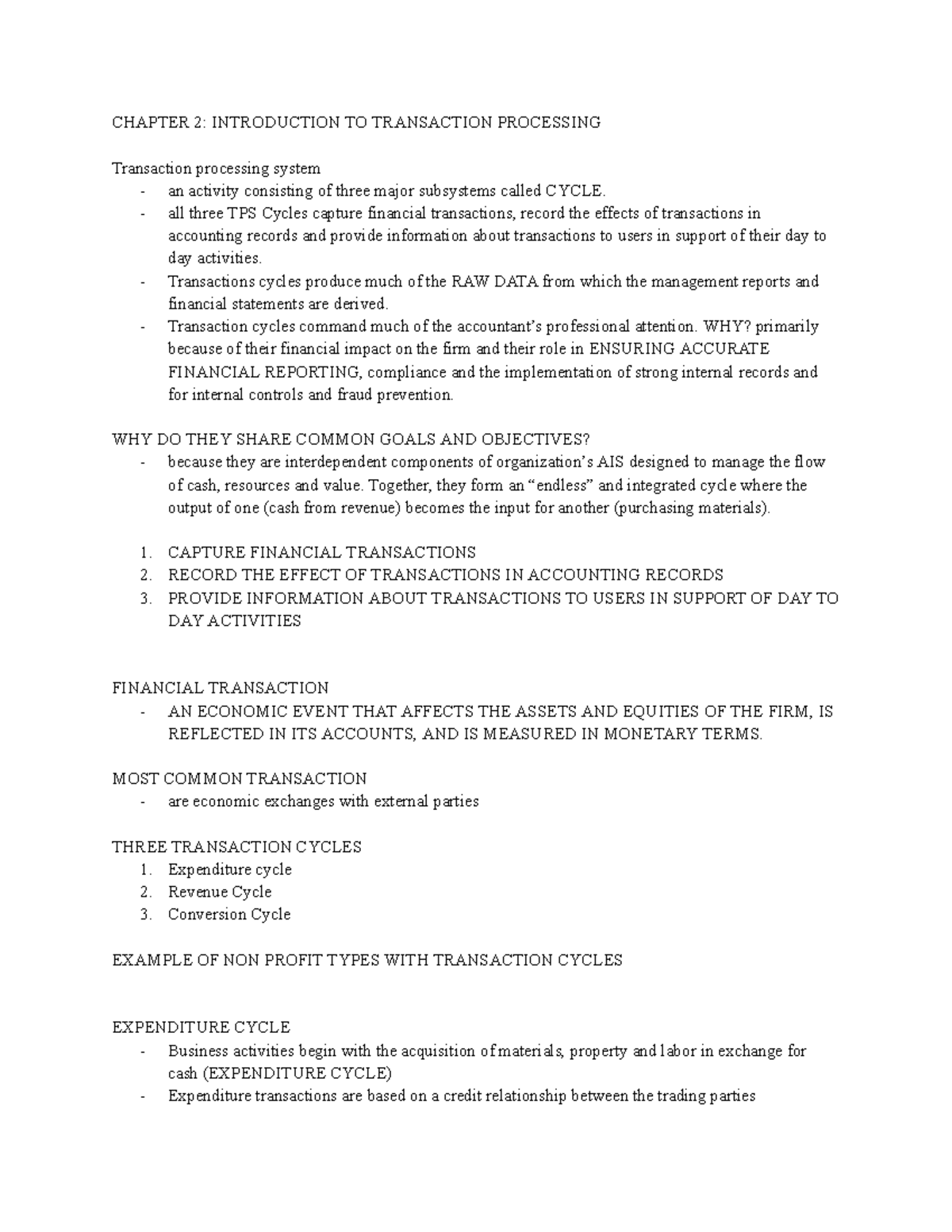 AIS CHAPTER 2: INTRODUCTION TO TRANSACTION PROCESSING NOTES - Studocu