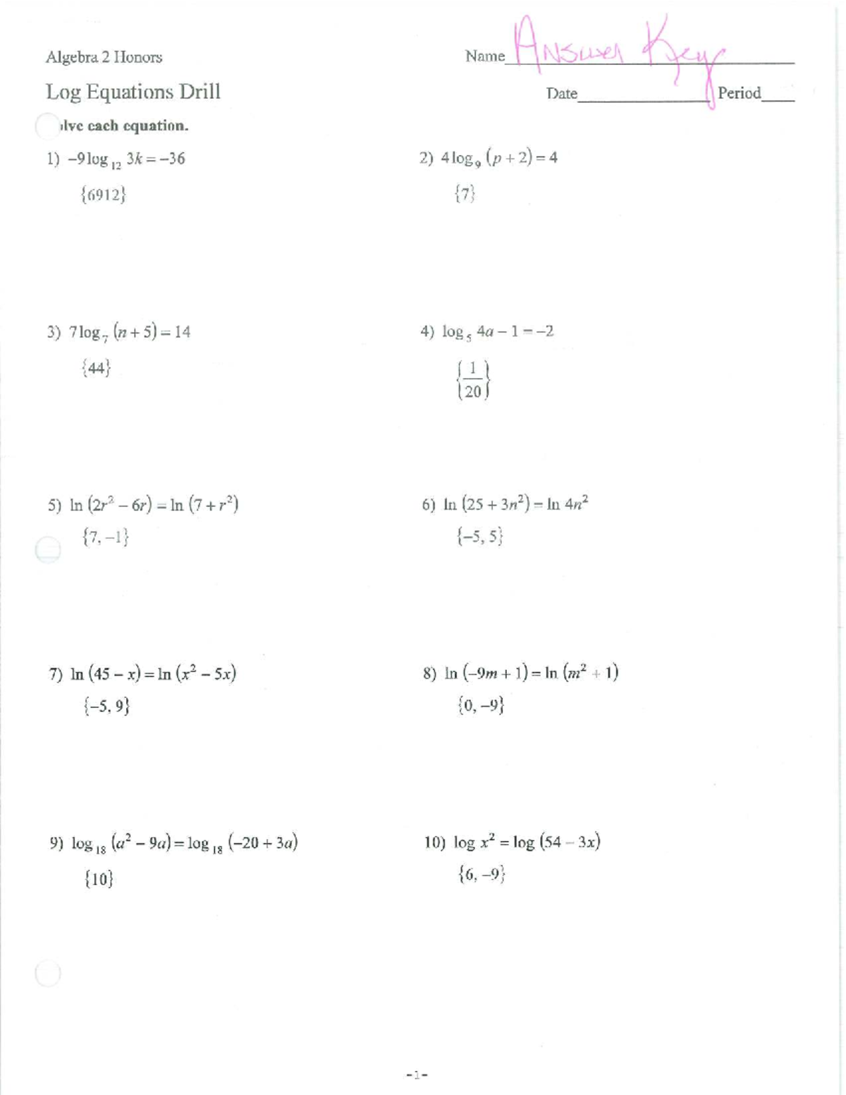 Algebra 2 Honors: Log Equations Practice Drill - Studocu