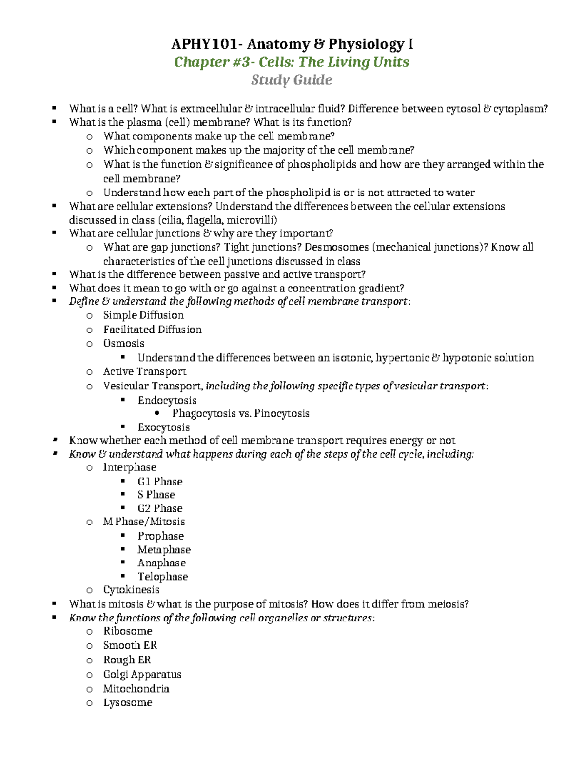 Anatomy Physiology I (AP101) Chapter 3 Study Guide: Cells & Membrane ...