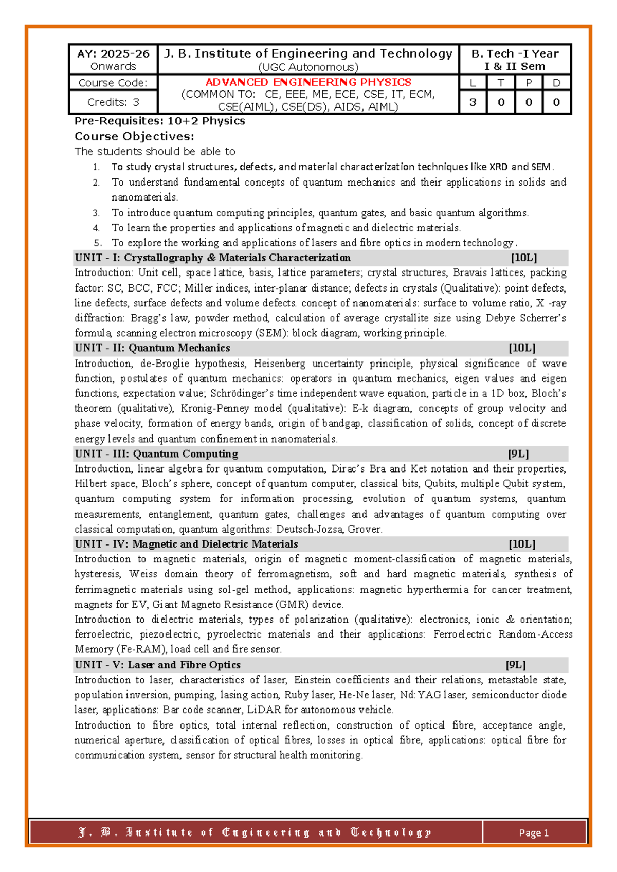 B. Tech I-II Sem: Advanced Engineering Physics Syllabus R25 - Studocu