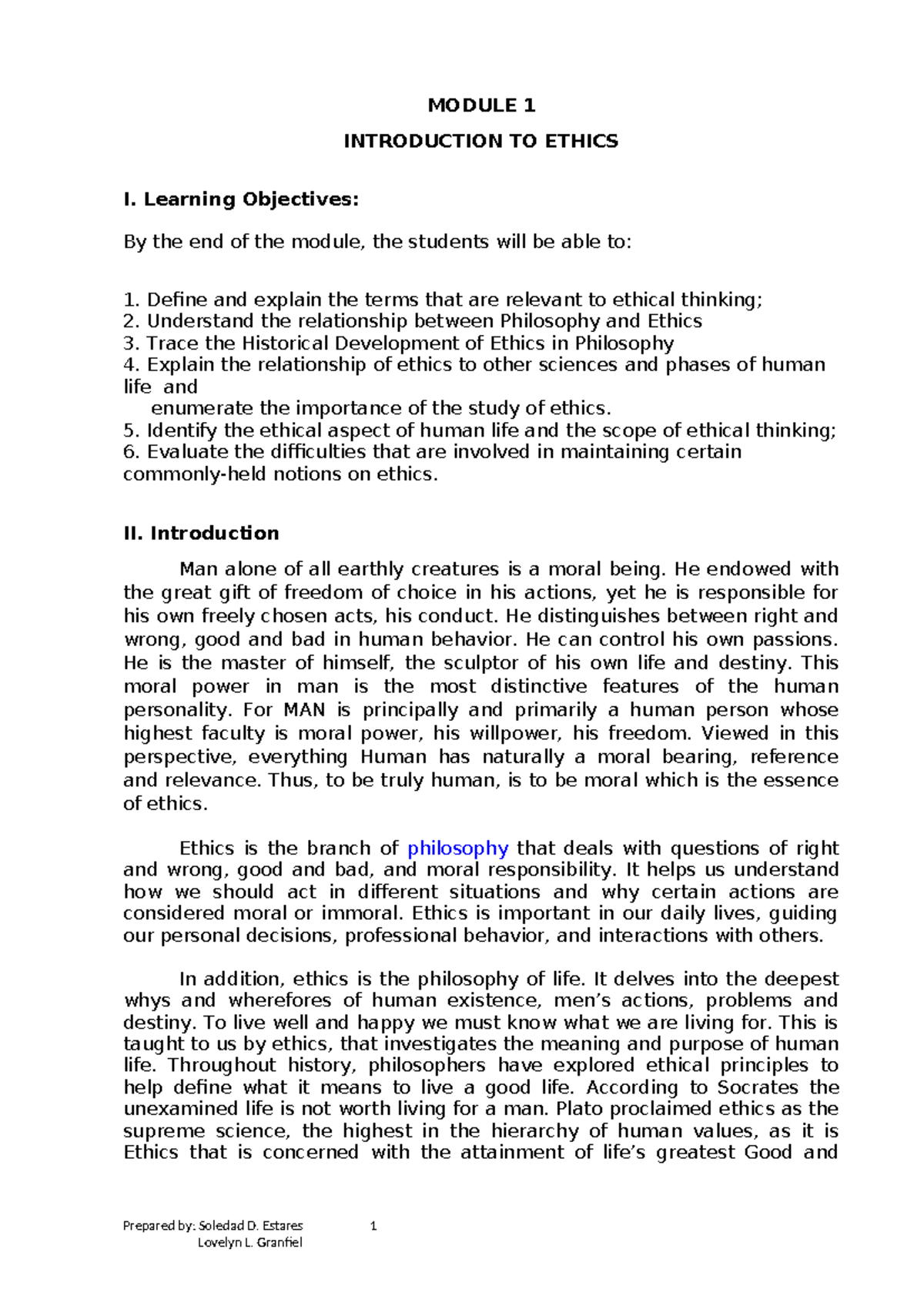 MODULE 1: INTRODUCTION TO ETHICS - Learning Objectives and Overview ...