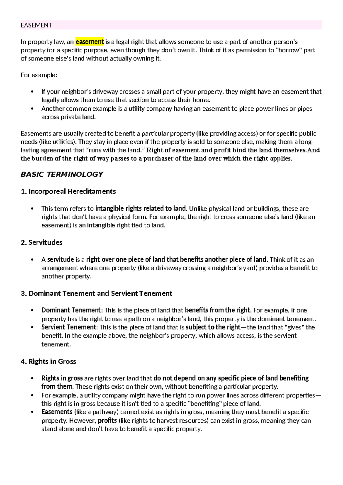 EASEMENT AND PROFITS: Key Concepts and Legal Framework (LAW 101) - Studocu
