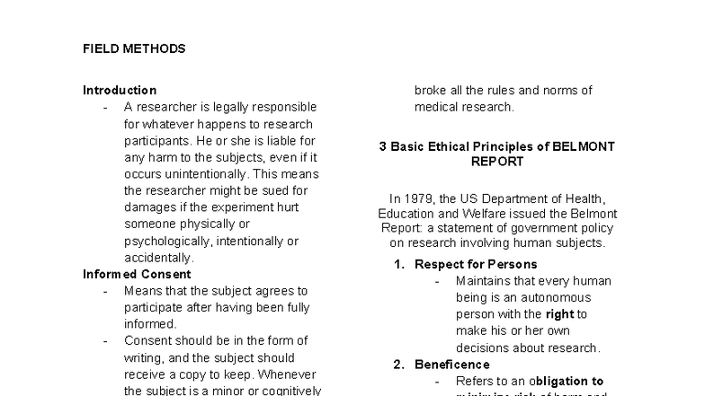 FIELD METHODS: Ethical Considerations in Psychological Research - Studocu