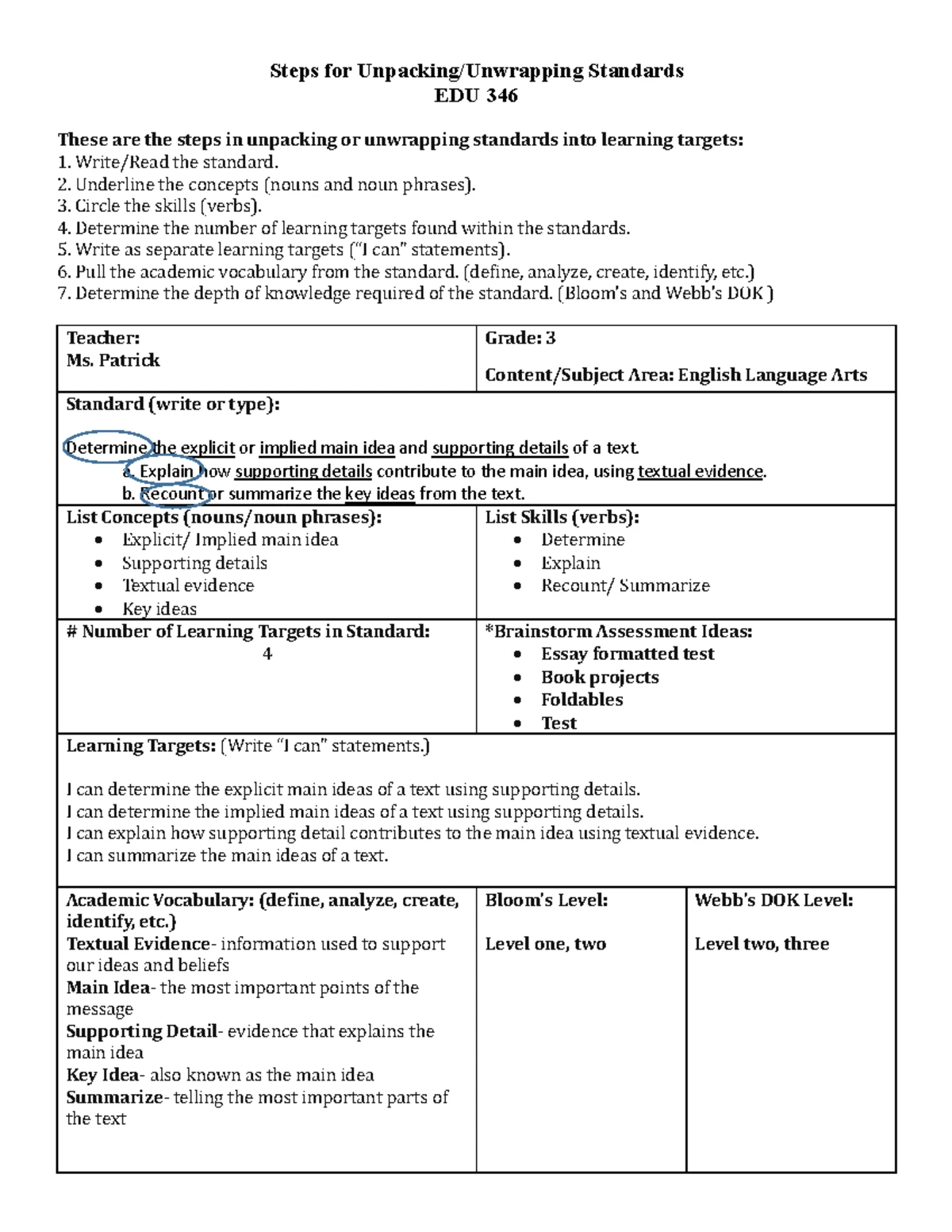 EDU 346 Social Studies: Unpacking Standards for Learning Targets - Studocu