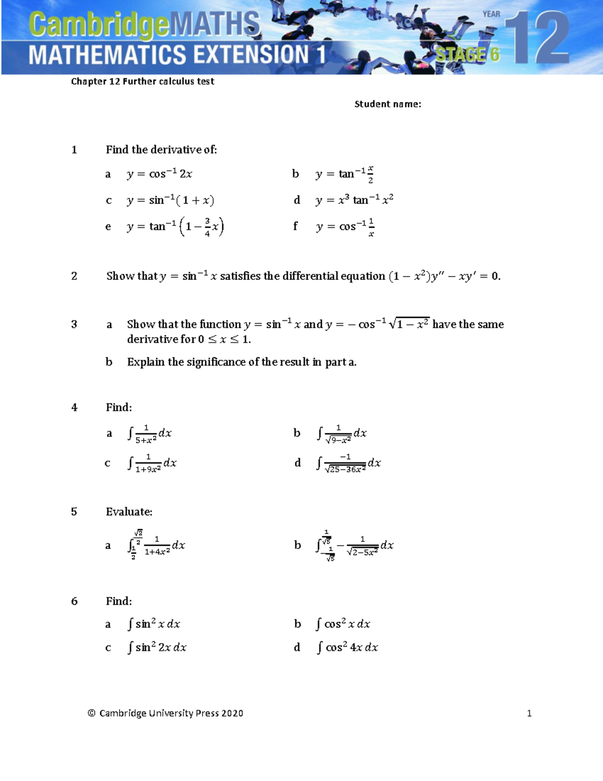 Chapter 12 Further Calculus Test - Solutions and Derivatives - Studocu