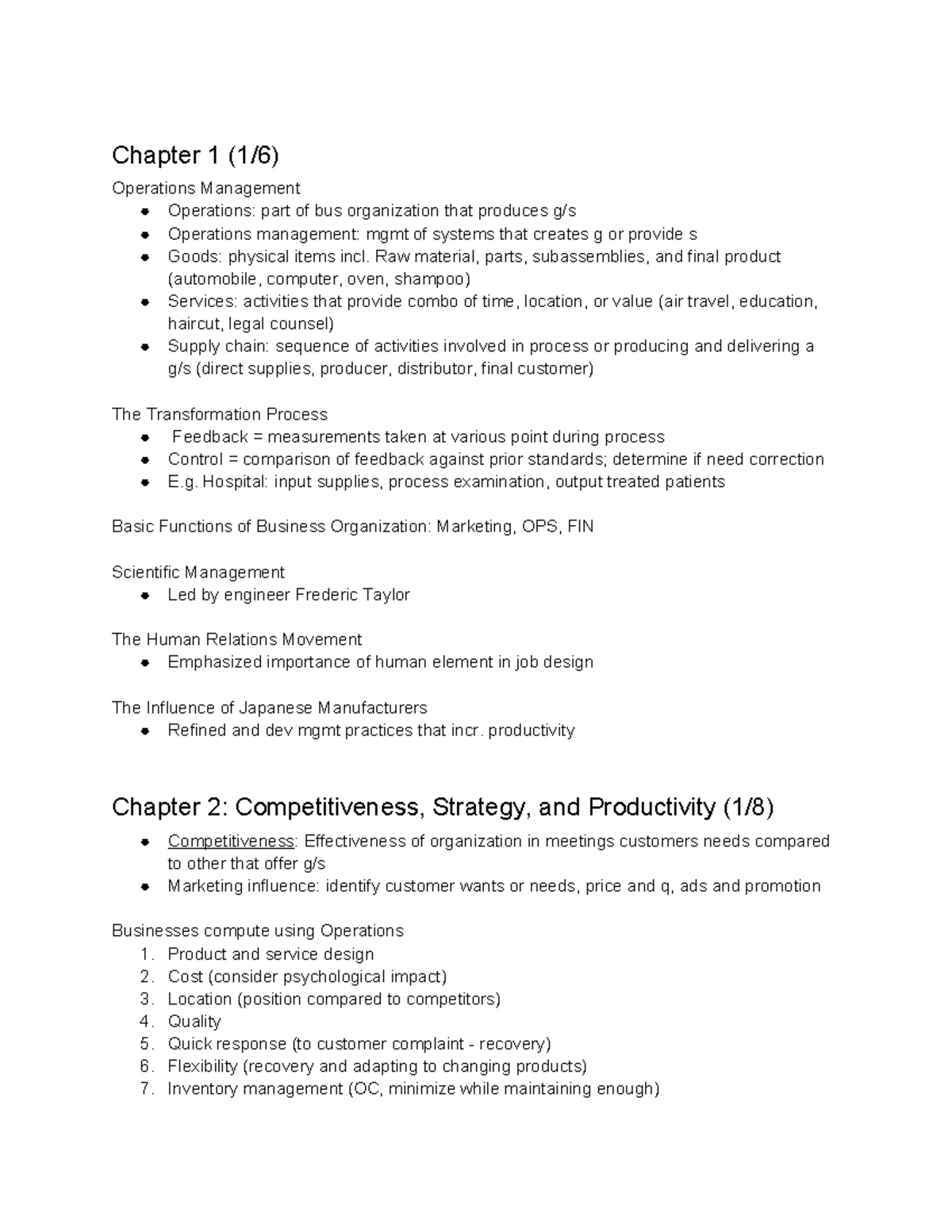 Operations Management: Chapter 1 & 2 Notes (BUS 101) - Studocu