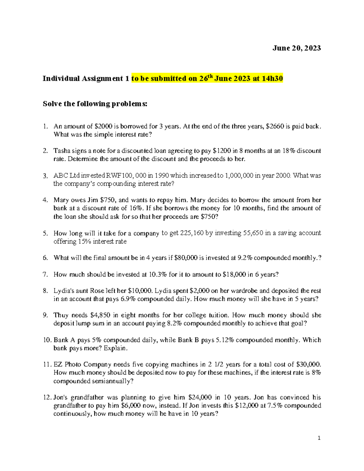 FIN-101: Individual Assignment 1 - Interest Rate & Investment Problems ...