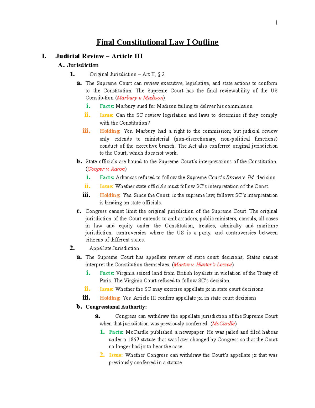 **Con Law 1 Final Exam Outline - Summary of Key Constitutional ...