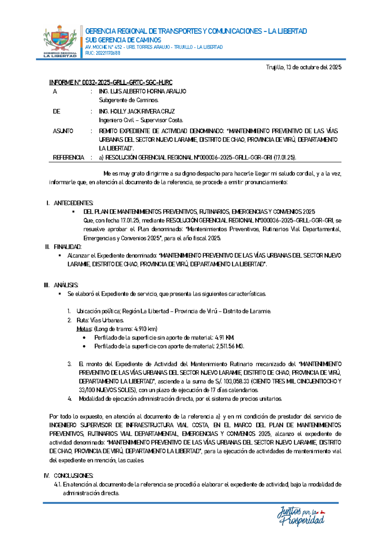 Informe N 0032-2025 sobre Mantenimiento Vial en Nuevo Laramie - Document Preview