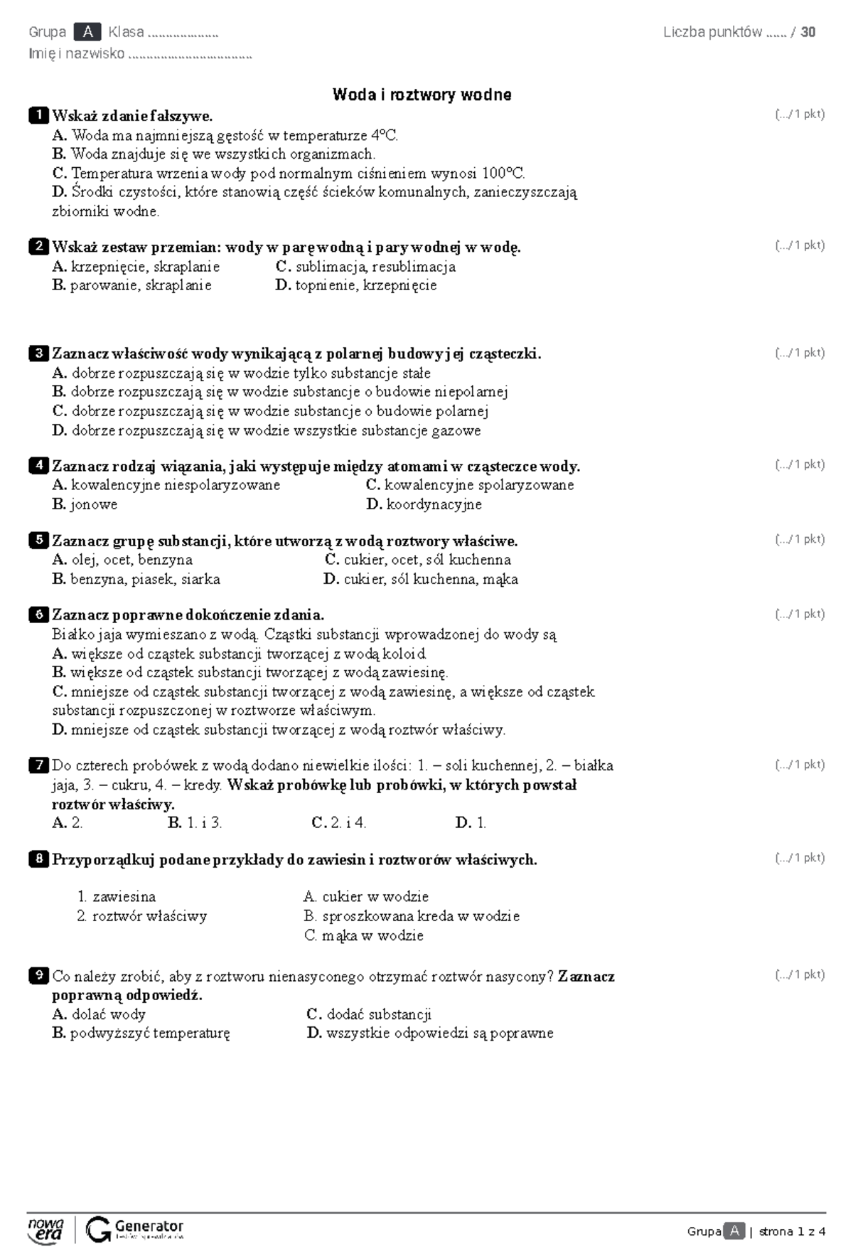 Gimnazjum Sprawdzian Grupa C Woda I Roztwory Wodne www.studocu.com