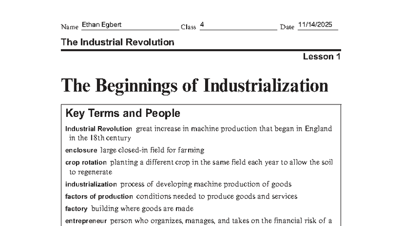 GRW M07L01 - The Industrial Revolution: Key Terms & Beginnings - Studocu