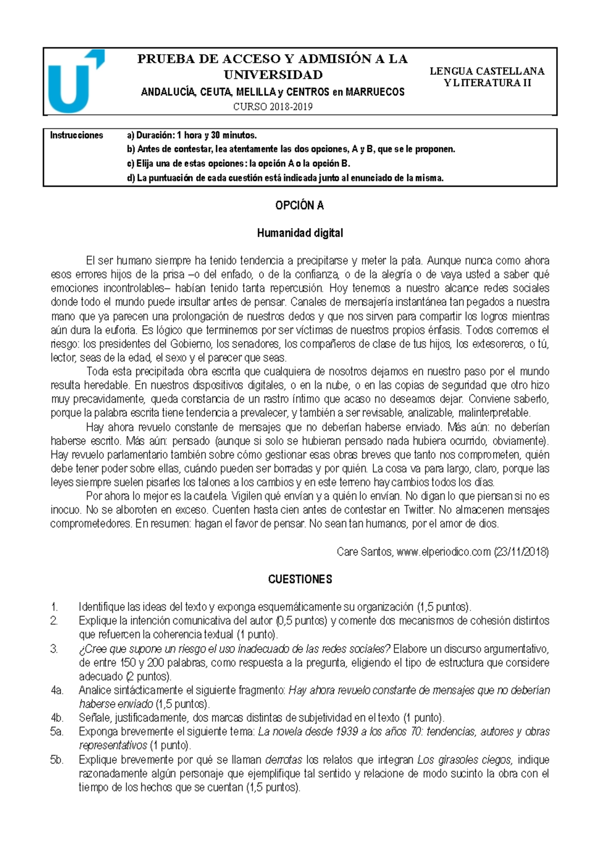 Examen de Acceso a la Universidad - Lengua Castellana y Literatura II ...