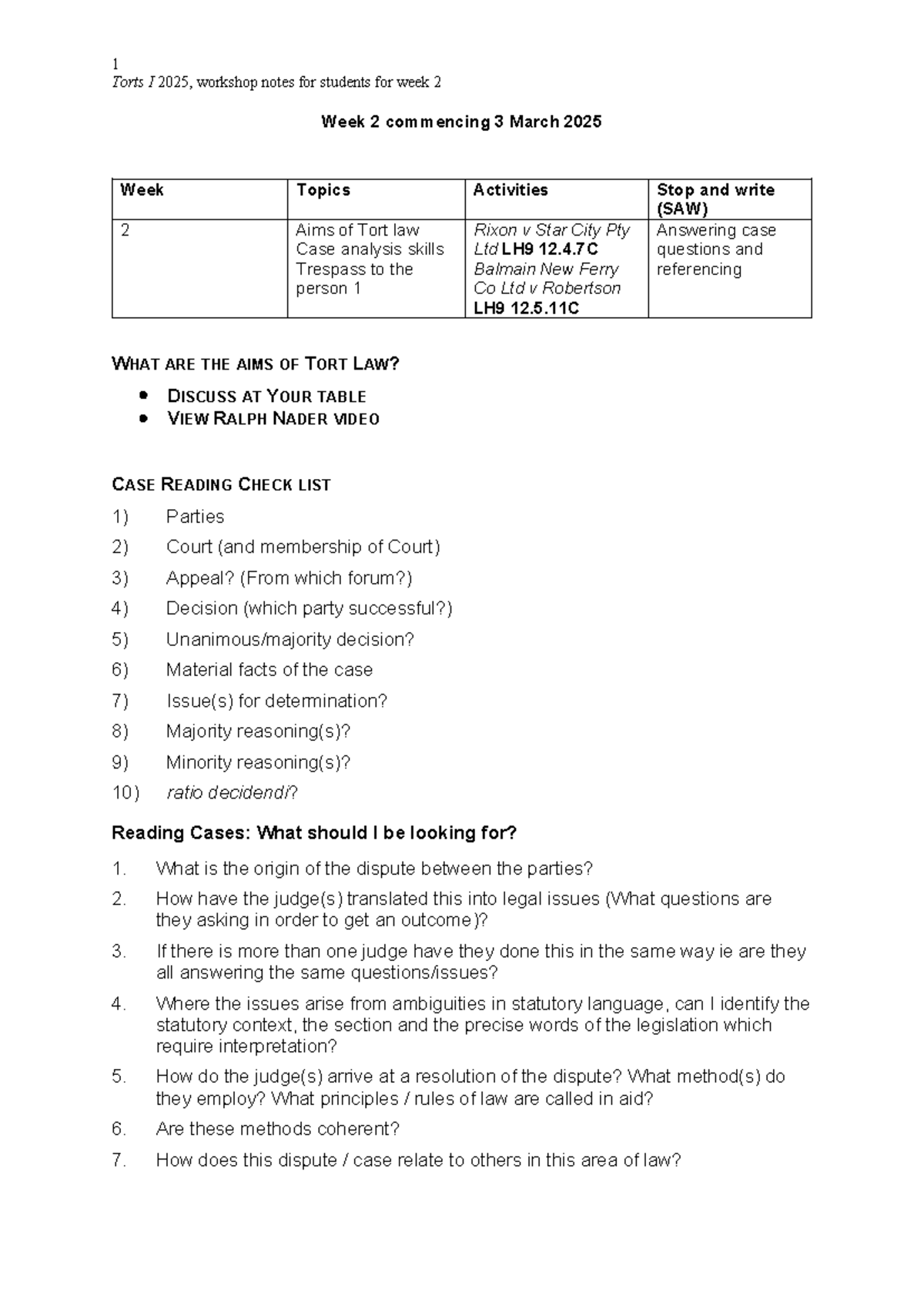 Torts I Week 2 handout for students 2025 - 1 Torts I 2025, workshop ...