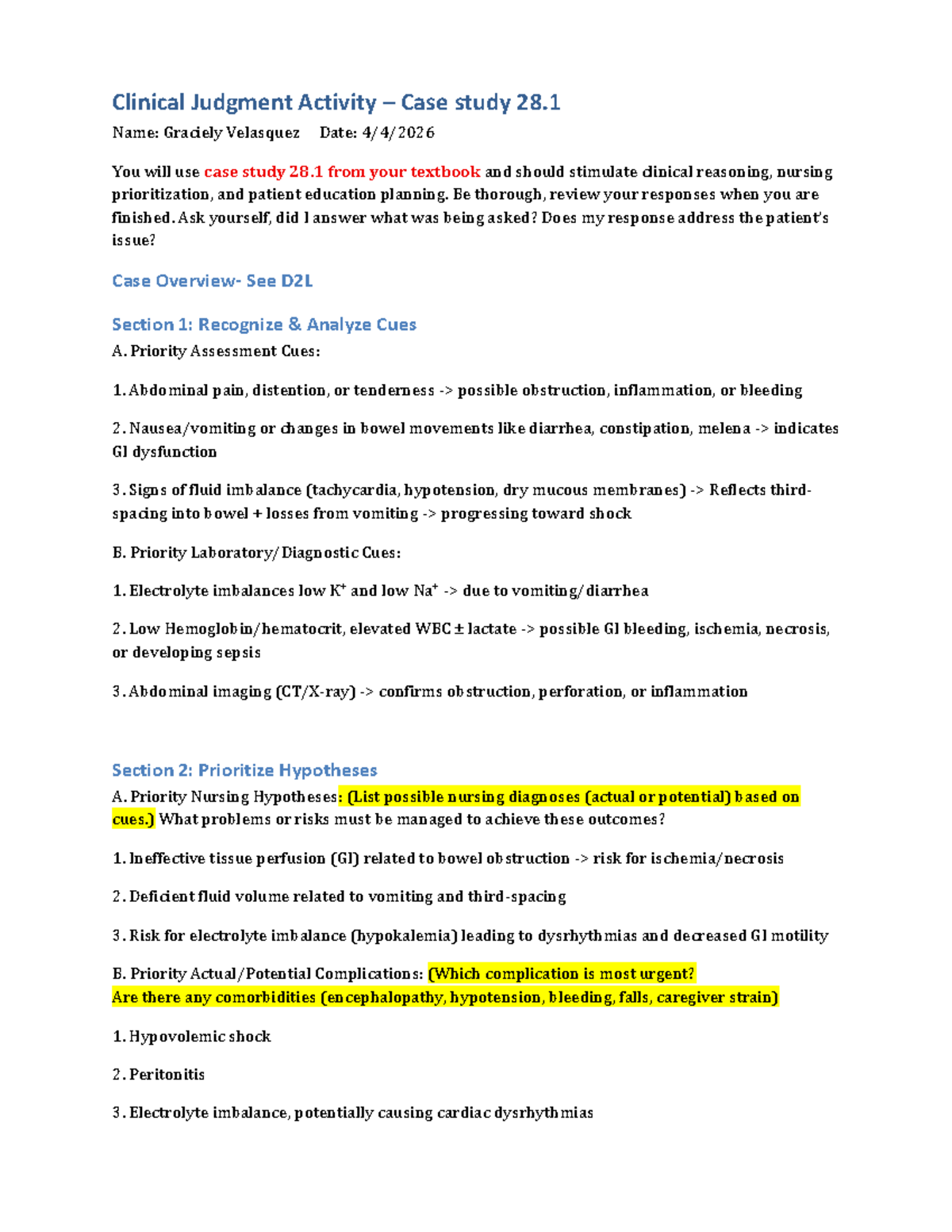 Clinical Judgment Activity: Case Study 28.1 Analysis and Solutions ...