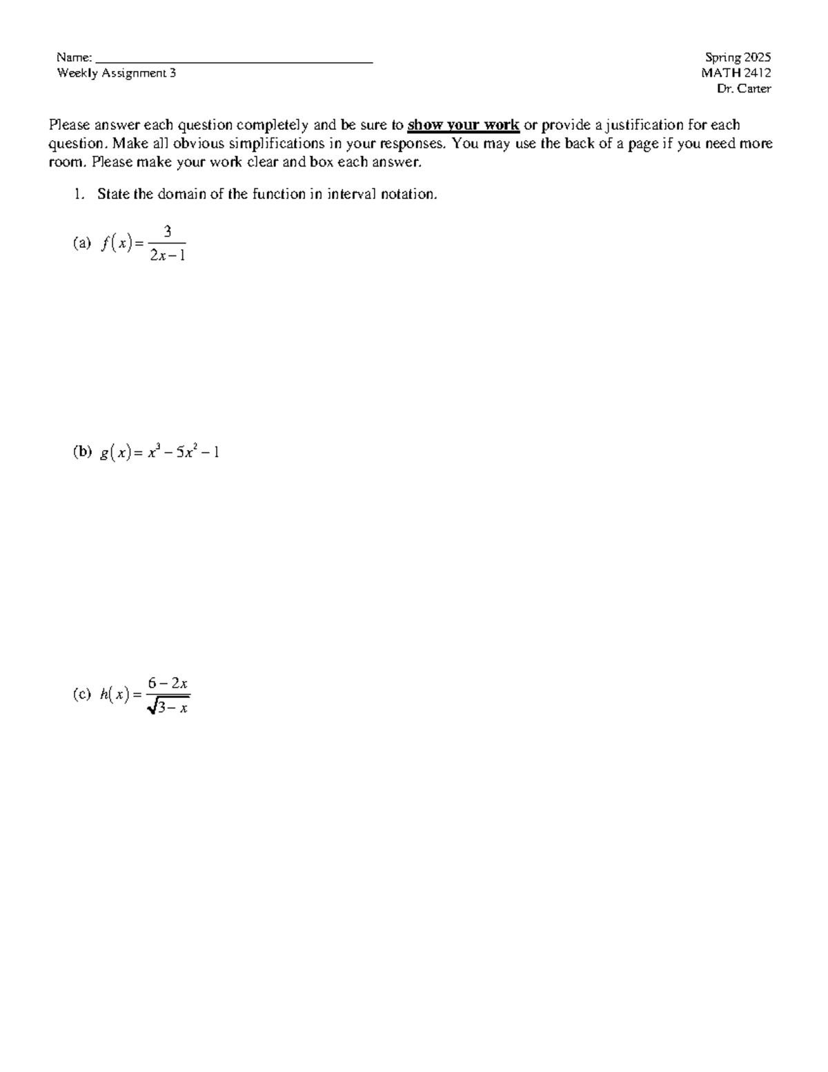 Weekly Assignment 3: MATH 2412 - Spring 2025 - Studocu