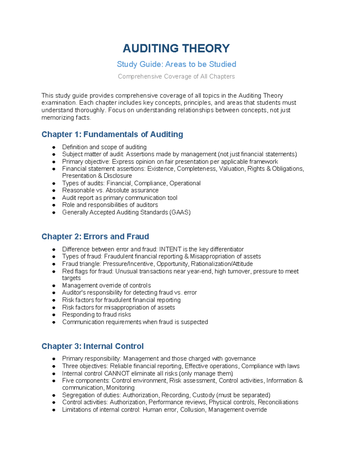 AUDITING THEORY (AUD 101) Study Guide: Comprehensive Chapter Overview ...
