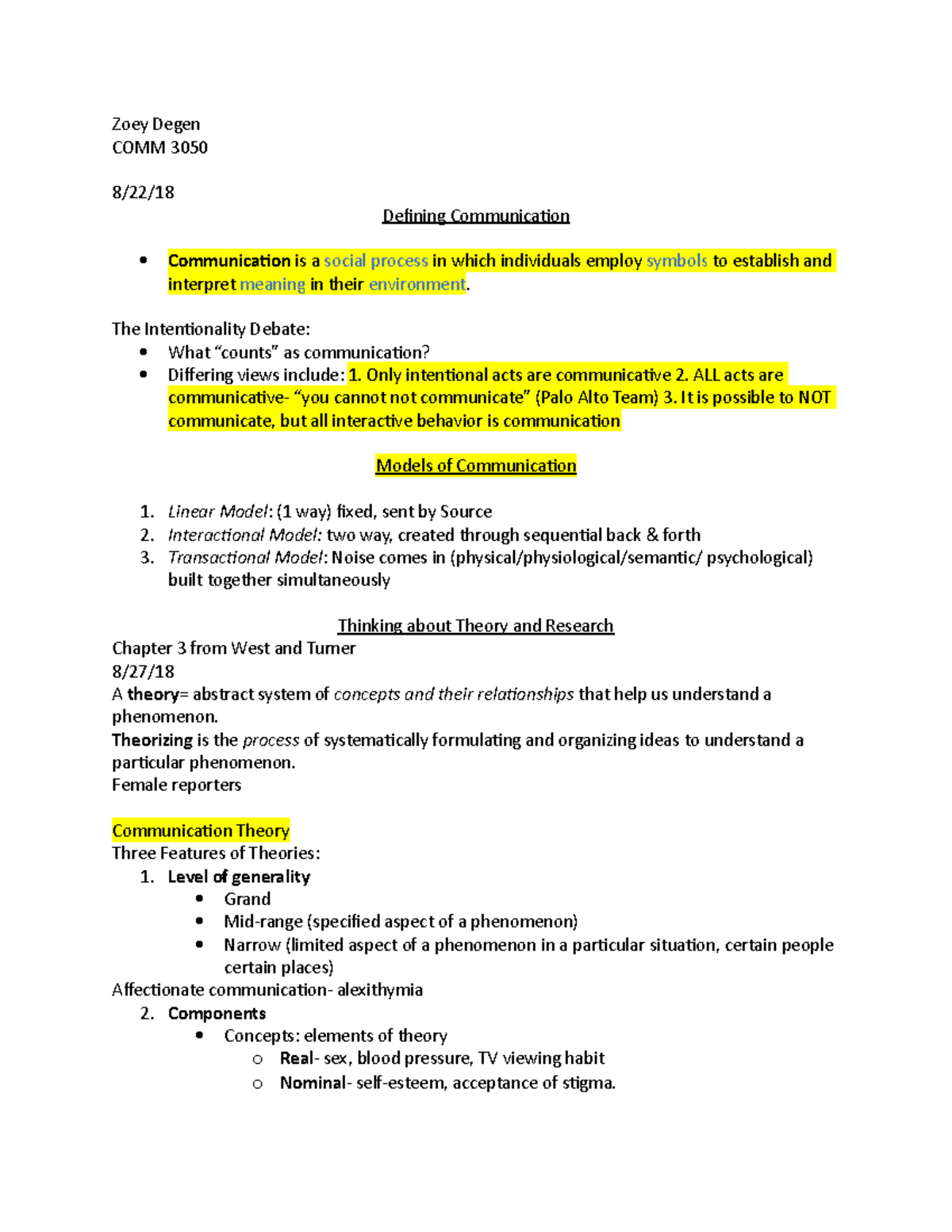COMM 3050 Communication Theories & Concepts Lecture Notes - Studocu