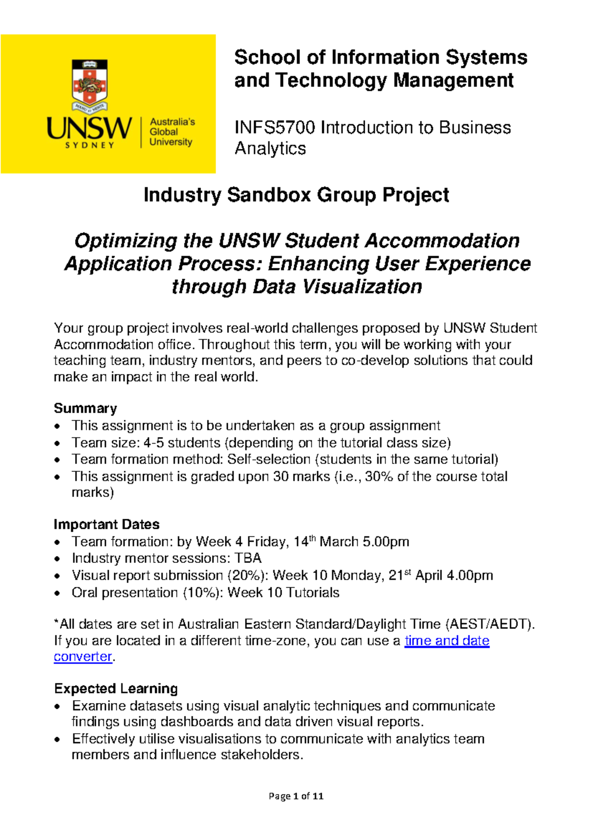 INFS5700 Group Project: Enhancing UNSW Accommodation Experience - Studocu
