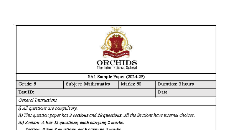 G8 SA1 Mathematics Sample Paper: Comprehensive Practice Test - Studocu