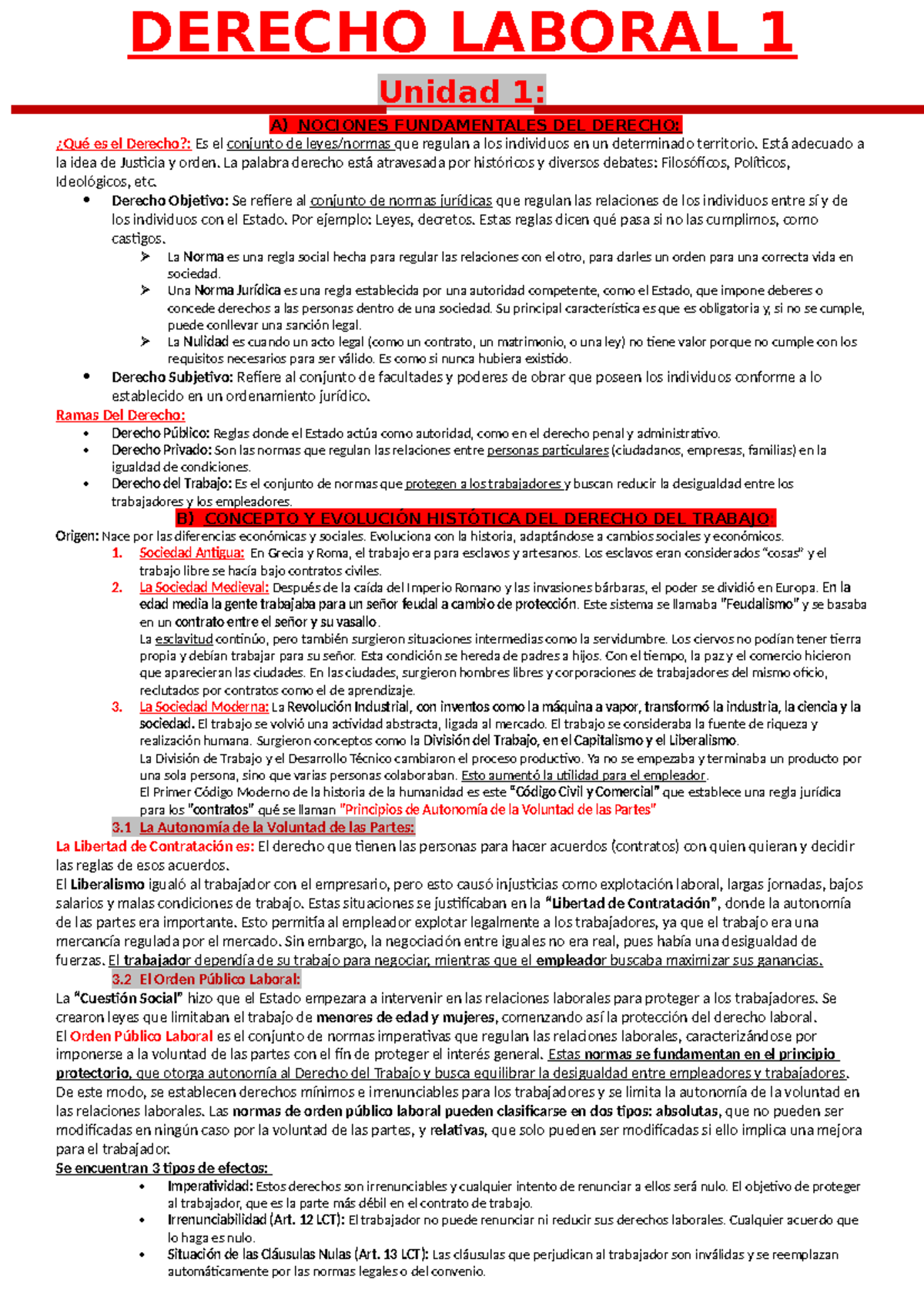 DERECHO LABORAL 1: Resumen de Unidad 1 y 2 sobre Nociones Fundamentales ...