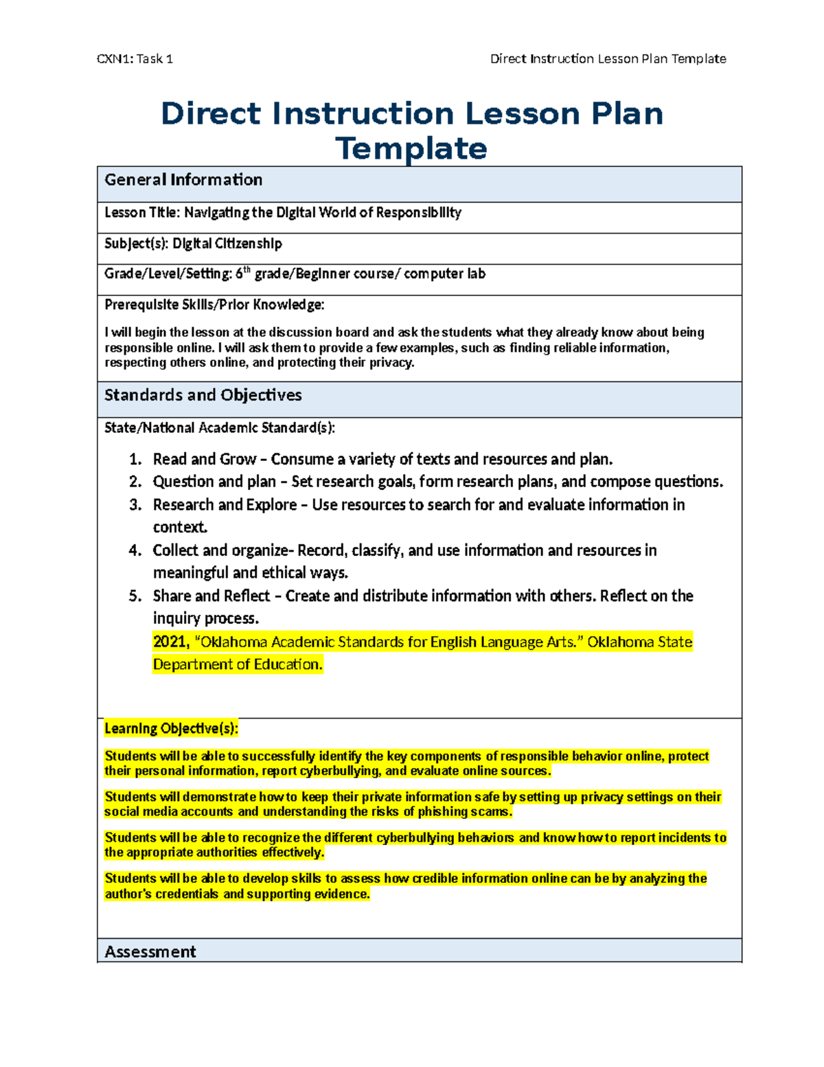 CXN1: Task 1 Digital Citizenship Lesson Plan Template - Studocu