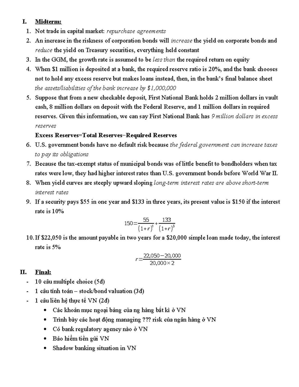 Final Exam: Capital Markets & Banking Concepts (Course Code: I) - Studocu
