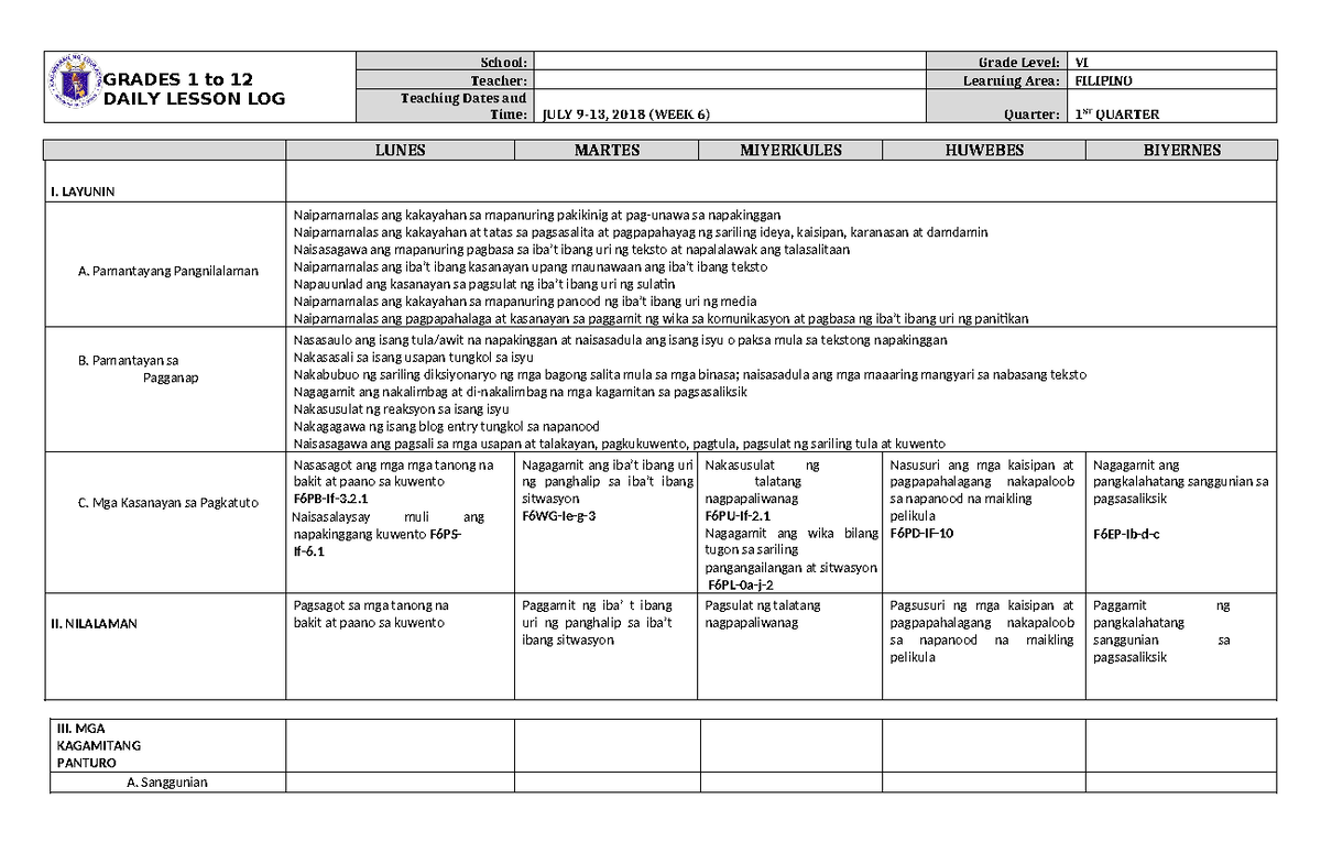 DLL Filipino 6 Q1 W6 - Idea only - GRADES 1 to 12 DAILY LESSON LOG ...