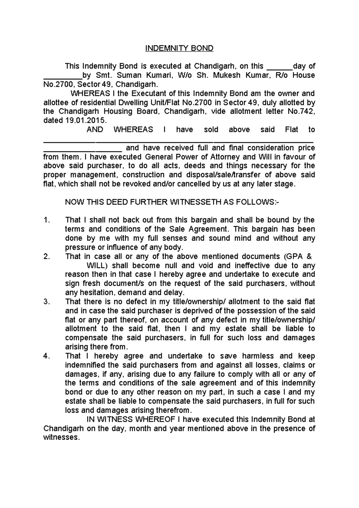 Indemnity Bond & General Power of Attorney Sample Document - Studocu