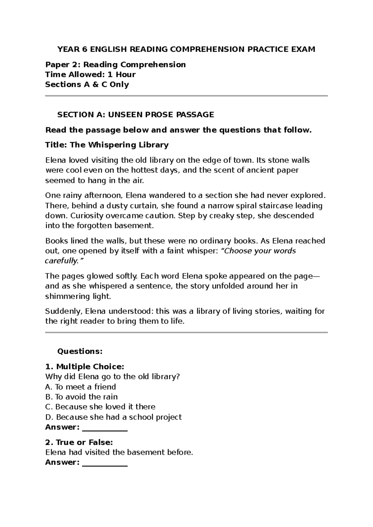 YEAR 6 English Reading Comprehension Practice Exam Paper 2 - Studocu