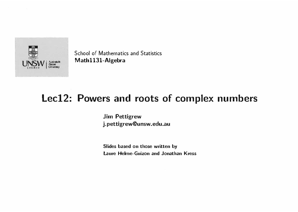 MATH1131 Algebra Slides For Lec12 Annotated - MATH1131 - UNSW I =li 's ...