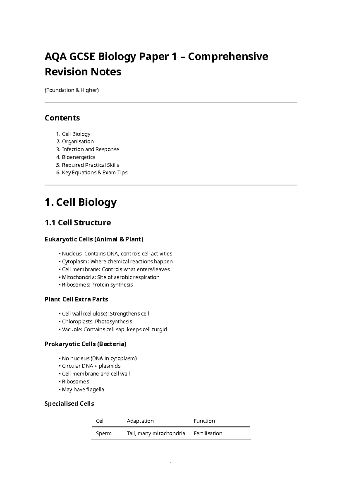 AQA GCSE Biology Paper 1 - Detailed Revision Notes for Success - Studocu