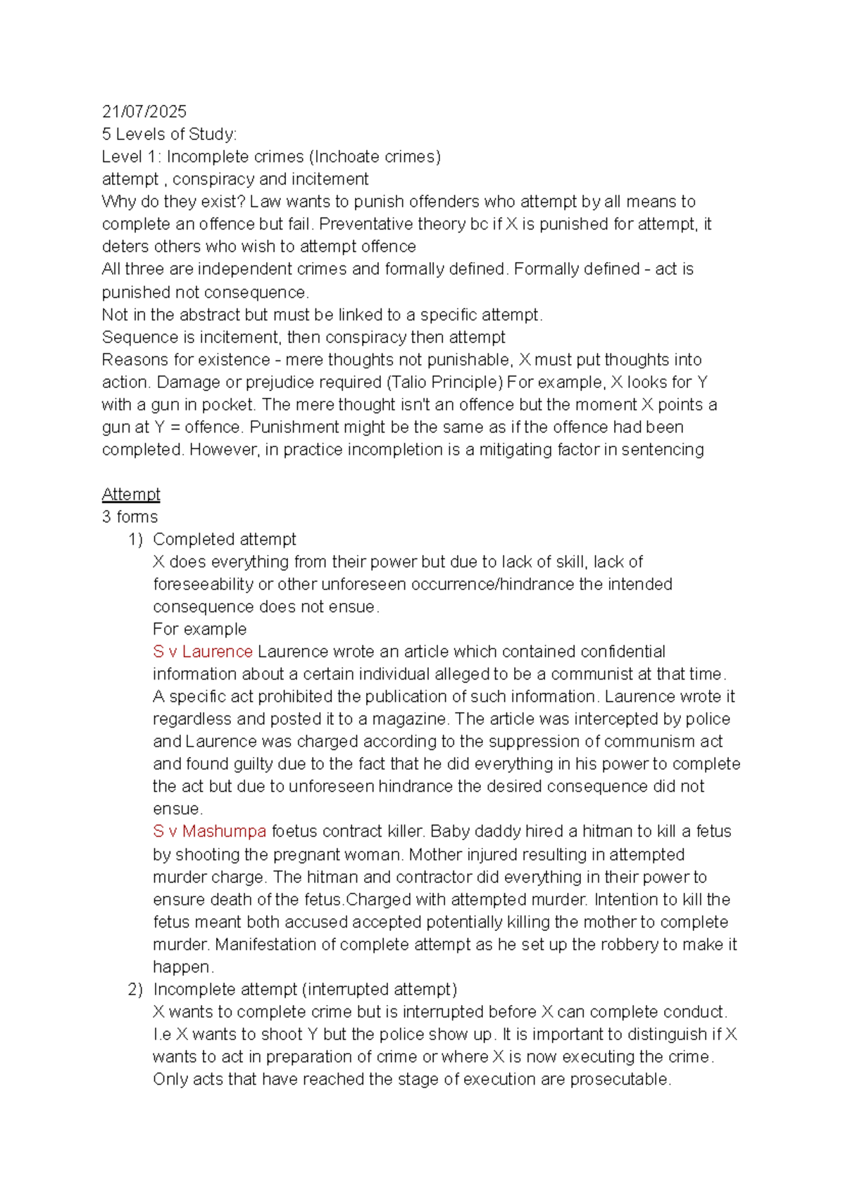 Criminal Law 420: Incomplete Crimes & Attempt Theories Lecture Notes ...