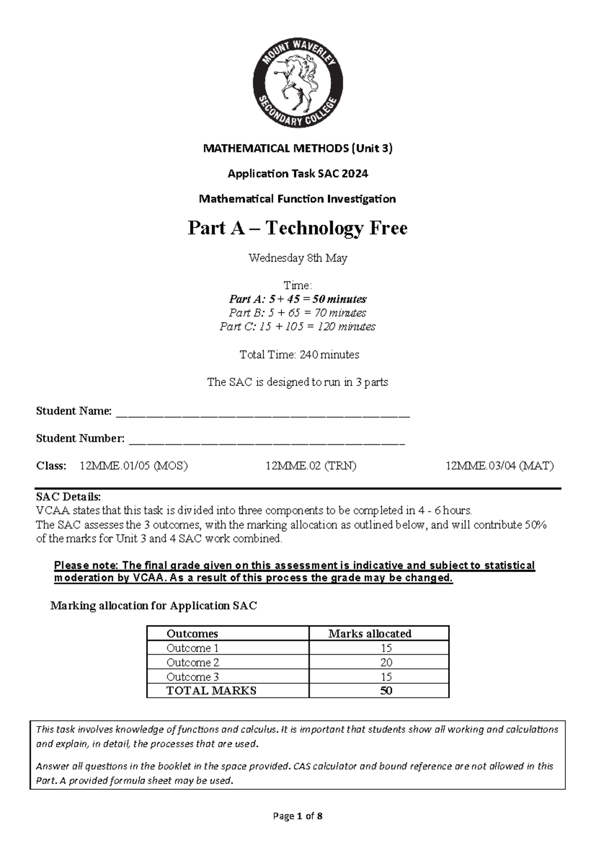 Mathematical Methods (12MME.02) Unit 3 SAC 2024 - Task Details - Studocu