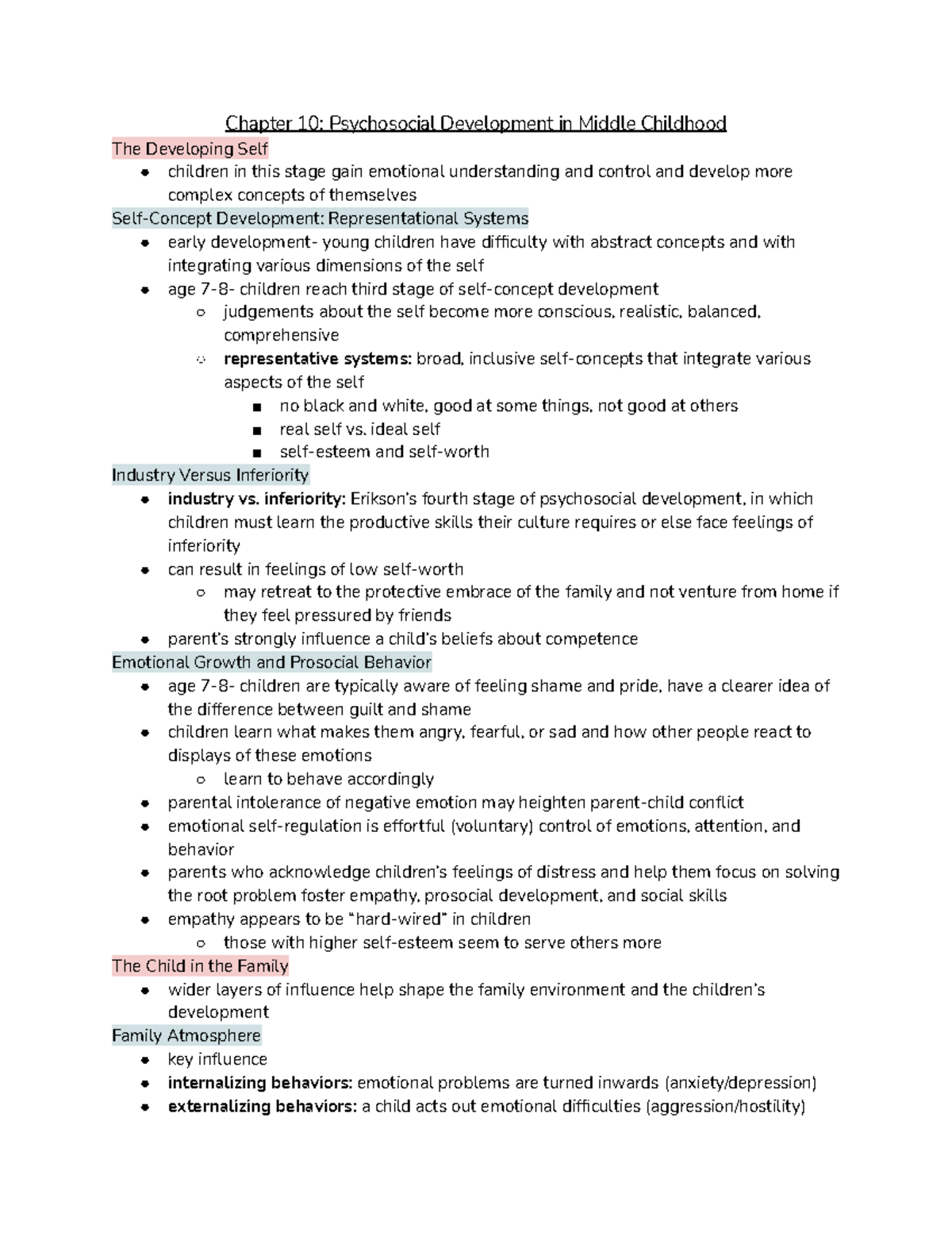 Chapter 10 Study Notes - Psychosocial Development in Middle Childhood ...