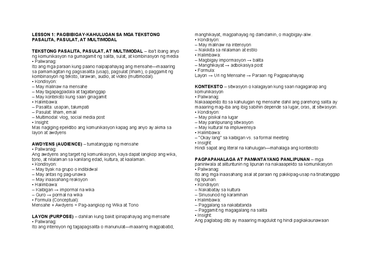 Mabisang Komunikasyon TERM 1: Mga Aralin at Pagsusuri - Document Preview
