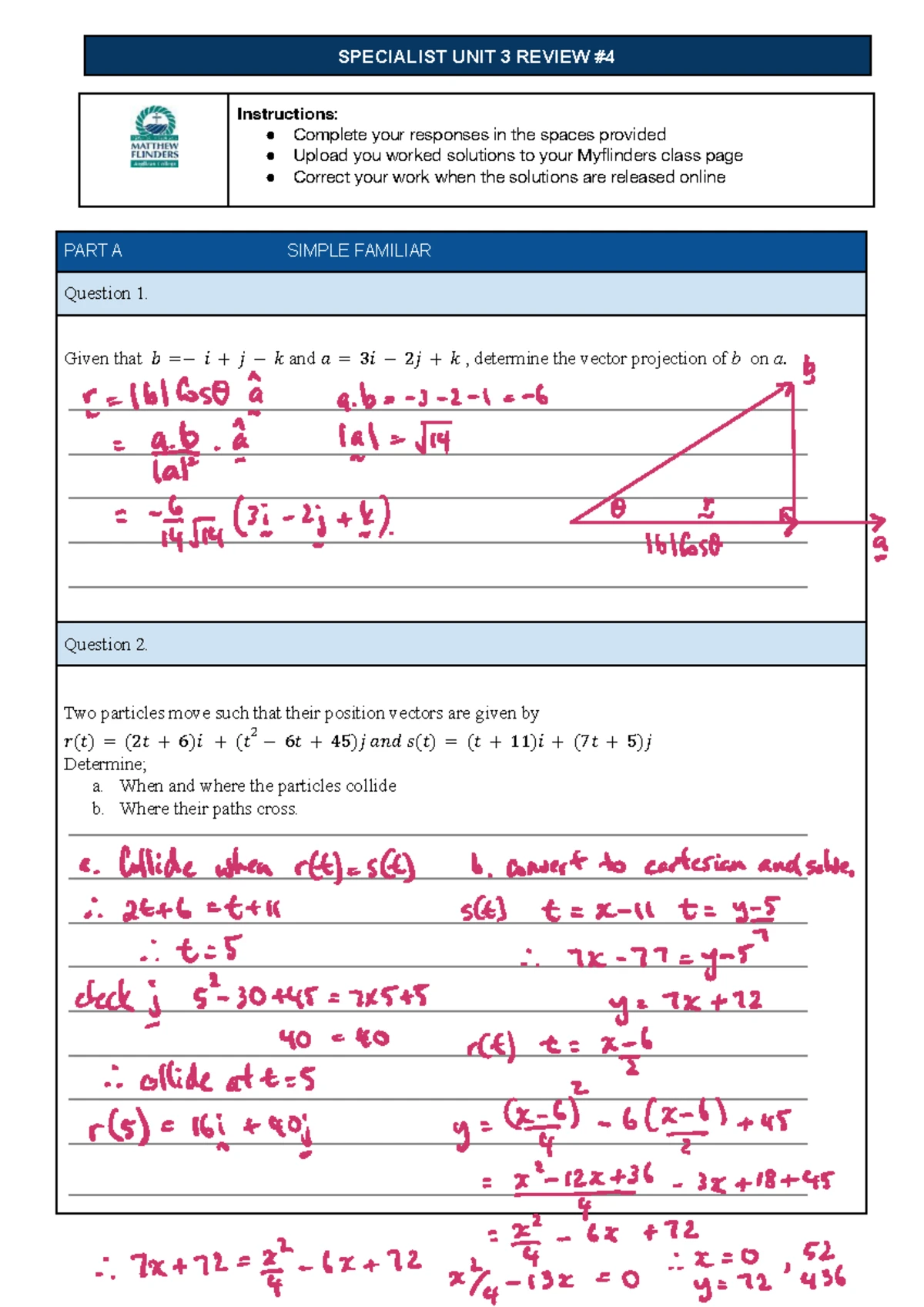 Specialist UNIT 3 Review Quiz #4: Vector Projections & Particle Motion ...
