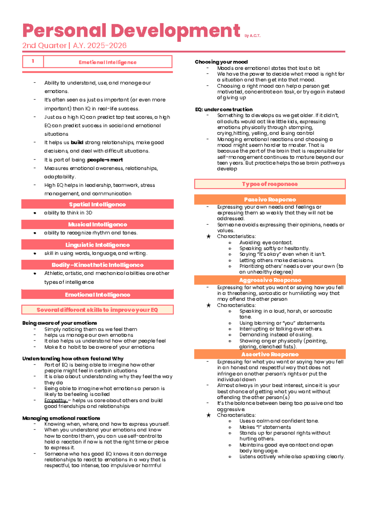 Perdev 2nd Quarter A.Y. 1: Emotional Intelligence & Personal ...
