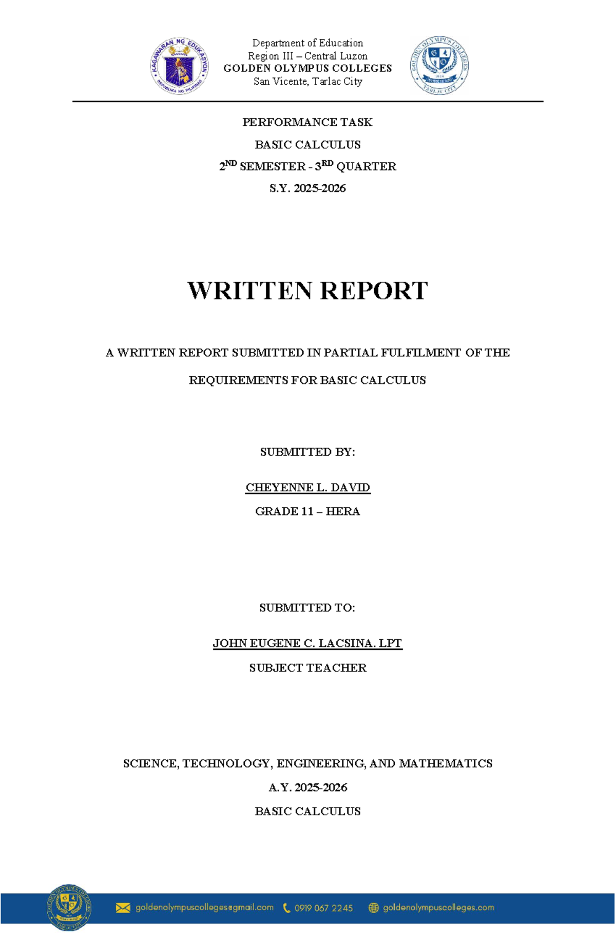 Basic Calculus Written Report - Performance Task (Grade 11) - Studocu