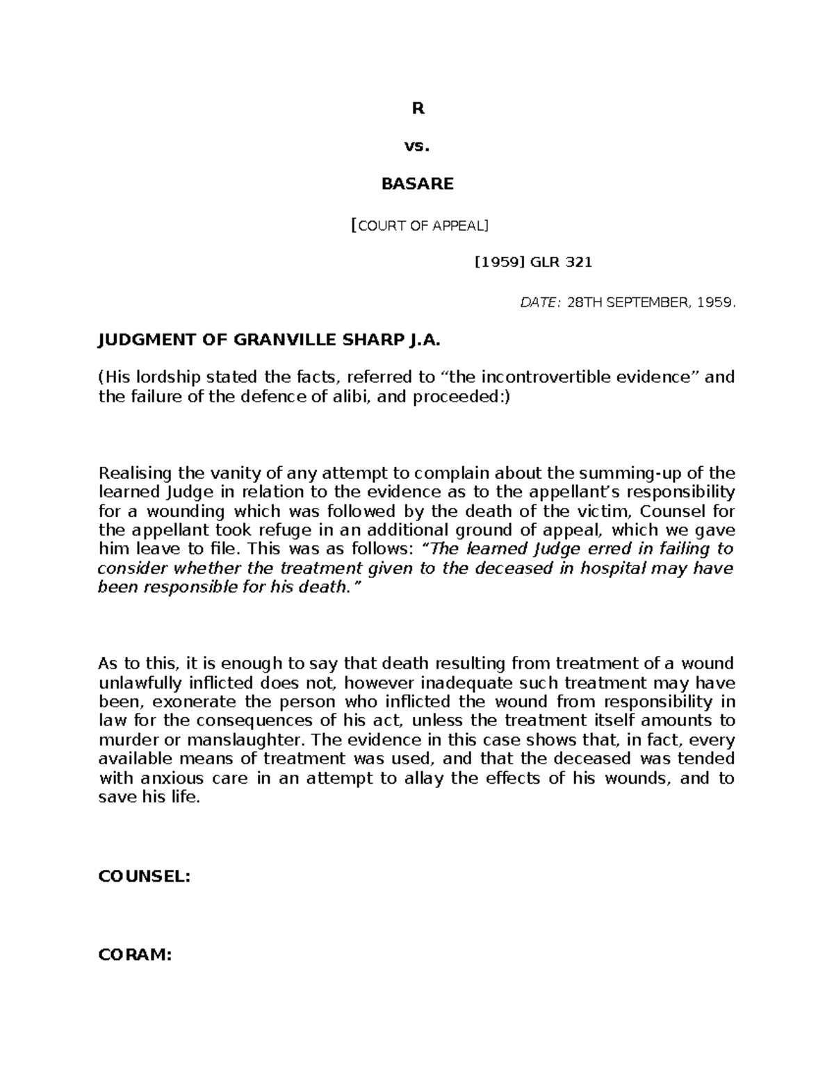 R v. BASARE GLR 321 Case Analysis - Judgment Overview - Studocu