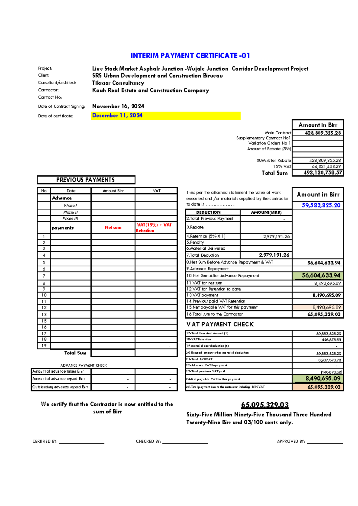 Lot#01 Kaah Real Estate IPC-01: Interim Payment Certificate Summary ...